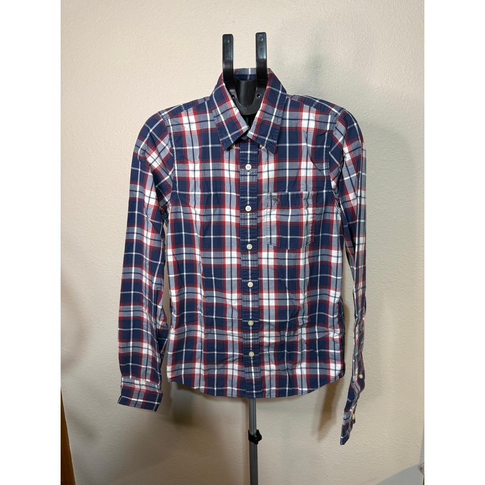 Abercrombie & Fitch Mens Muscle Fit Plaid Button Down Shirt Red White Blue M